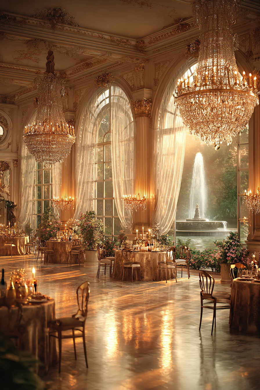 Outdoor ch&acirc;teau wedding reception under golden hour light