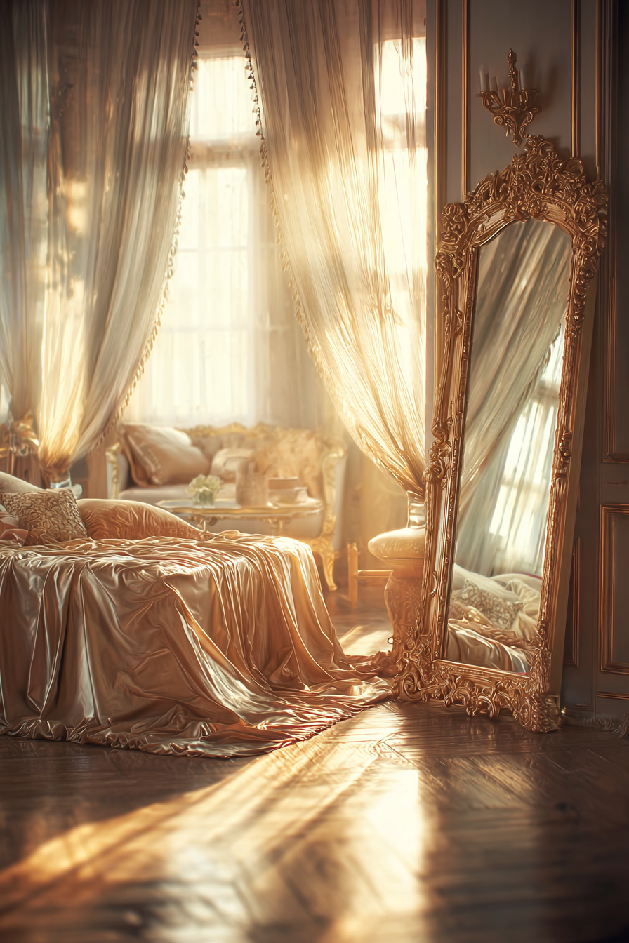 Parisian living room with warm light through tall windows